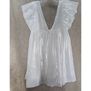 STORIA White Ruffle V Neck Mini Dress Babydoll Flounce Sleeve Size M